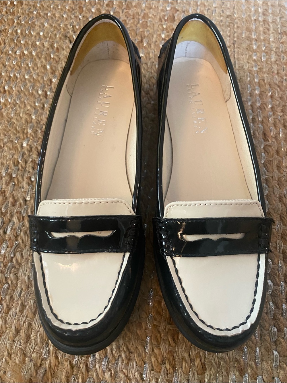 Lauren Ralph Lauren Gaston Two Tone Patent Leather Penny Loafers Black Ivory 6B